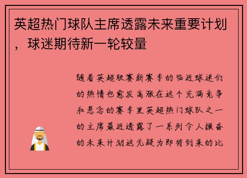 英超热门球队主席透露未来重要计划，球迷期待新一轮较量